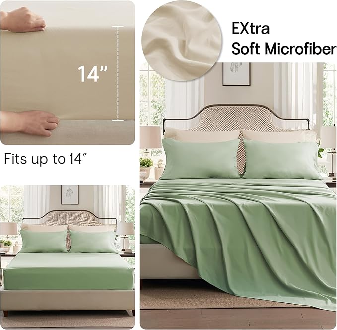 Anluoer Sage and Cream Full Comforter Set 7 Pieces, Bed in a Bag with Sheets, All Season Bedding Sets with 1 Comforter, 2 Pillow Shams, 2 Pillowcases, 1 Flat Sheet, 1 Fitted Sheet