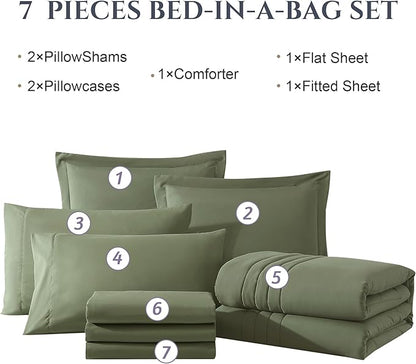Monbix Queen Comforter Set - 7 Pieces Light Sage Green Bed in a Bag Queen Bedding Sets with Comforters, All Seasons Comforter Bed Set with Sheets, Pillowcases & Shams