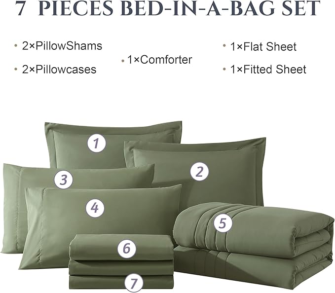 Monbix King Size Comforter Set - 7 Pieces Bed in a Bag King, Light Sage Green Bedding Sets with Comforter, All Seasons Comforter Bed Set with Sheets, Pillowcases & Shams
