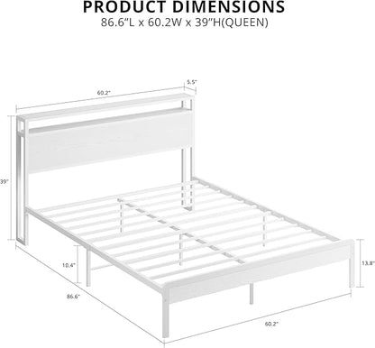 LIKIMIO Queen Bed Frame with Headboard, Wood Camas Queen with Strong Supports, Sturdy, Noise-Free, No Box Spring Needed, White