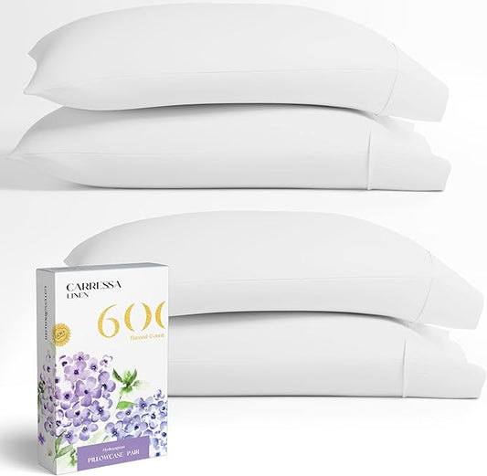 Carressa Linen 100% Egyptian Cotton King Size Pillow Cases Set of 4 - Luxury 600 Thread Count White King Pillowcases, Silky Soft, Cooling, Breathable Sateen Weave Hotel Quality Bed Pillow Cover
