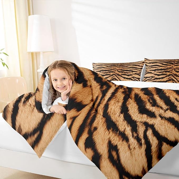 3D Tiger Skin Comforter Set Wild Africa Animals Bedding Set Twin Size Kids Teens Men Adult Home Room Decor Abstract Black Brown Stripes Quilt Set Romantic Vintage Duvet Insert,1 Pillowcase