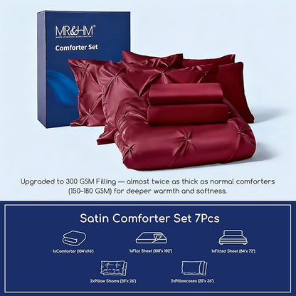 MR&HM Satin Comforter California King 7 Pieces Burgundy - Luxurious Pinch Pleat Bedding Set with Comforter, Flat Sheet, Fitted Sheet, Pillowcases & Shams, Super Silky Soft Bed Set for All Season