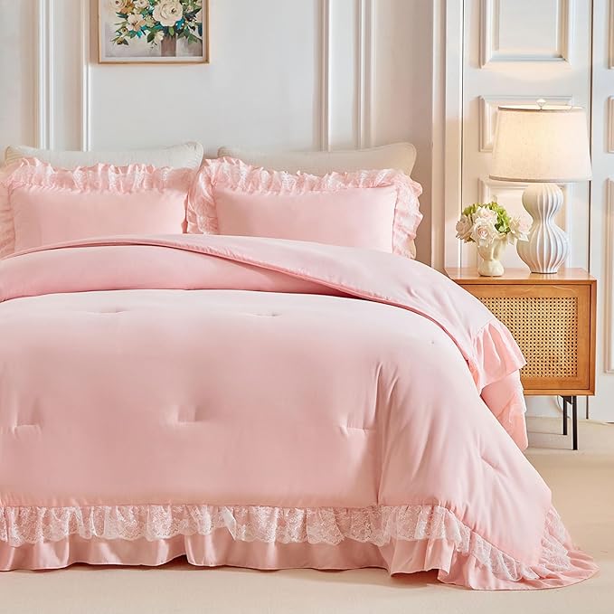 Joyreap Twin Size Comforter Set Blush Pink, 3pcs Lace Ruffled Bedding Comforter Set, Microfiber Vintage Boho Chic Bedding Set for All Season- 68x88 inches