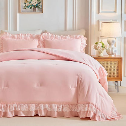 Joyreap King Size Comforter Set Blush Pink, 3pcs Lace Ruffled Bedding Comforter Set, Microfiber Vintage Boho Chic Bedding Set for All Season- 100x88 inches