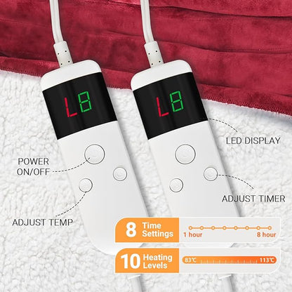 Electric Heated Blanket Twin Size 62''x84'' Soft Flannel & Sherpa Electric Blanket with 10 Heating Levels, Automatically Shut Down After 8h with Overheat Protection Machine Washable