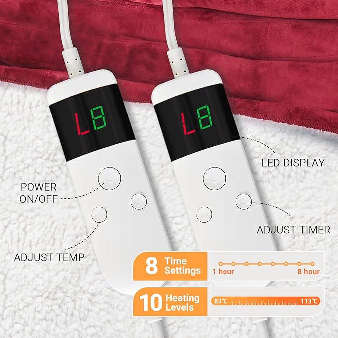 Electric Heated Blanket King Size 90''x100'' Soft Flannel & Sherpa Electric Blanket with 10 Heating Levels, Automatically Shut Down After 8h with Overheat Protection Machine Washable