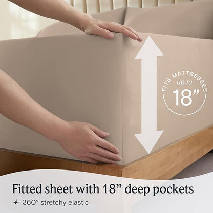 LuxClub 4 PC Queen Sheet Set, Breathable Luxury Bed Sheets, Deep Pockets 18" Wrinkle Free Cooling Sheets Machine Washable Hotel Bedding Silky Soft - Light Khaki Queen