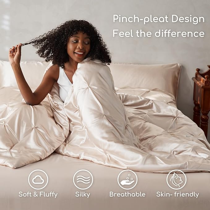MR&HM Satin Comforter King 7 Pieces - Luxurious Pinch Pleat Bedding Set with Comforter, Flat Sheet, Fitted Sheet, Pillowcases & Shams, Super Silky Soft Bed Set for All Season (King, Beige)
