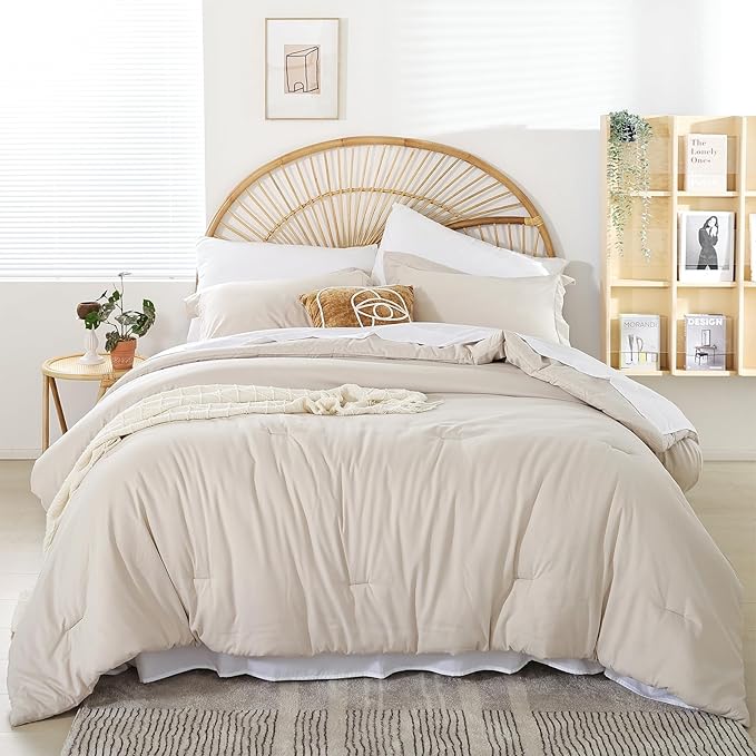 weigelia Twin Comforter Set 5 Pieces Beige Bed in A Bag Soft Queen Bedding Set Lightweight Comforter Set for Women and Men（Comforters, Flat & Fitted Sheets, Pillowcases & Shams）