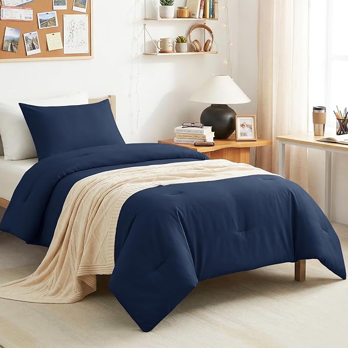 CozyLux Twin/Twin XL Comforter Set Navy Blue, 2 Pieces Twin Extra Long Solid Breathable Bedding Sets for College Dorm, Luxury Soft Bed Set with Down Alternative Comforter and 1 Pillowcase All Seasons
