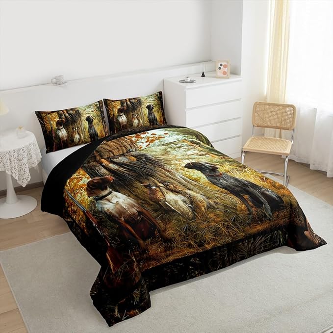 Erosebridal Pheasant Hunting Comforter Set Queen Size Black Dog Bedding Set Boho Farmhouse Wild Animals Down Comforter Woodland Leaves Hunter Gun Room Decor Quilt Set for Men Boys Adults Kid