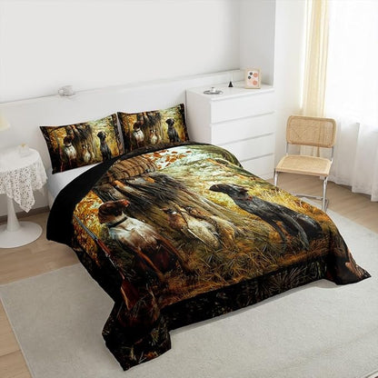 Erosebridal Pheasant Hunting Comforter Set Queen Size Black Dog Bedding Set Boho Farmhouse Wild Animals Down Comforter Woodland Leaves Hunter Gun Room Decor Quilt Set for Men Boys Adults Kid