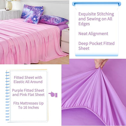 RYNGHIPY 6Pcs Girls Bedding Set Queen Size Purple Rainbow Comforter Set for Kids Teens Girls Glitter Bed in a Bag Lightweight Fluffy