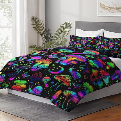Twin Size Comforter Set with Pillowcase, Summer Halloween Mushroom Neon Soft 2 Pcs Bedding for Kids and Adults Bedroom Bed Decor
