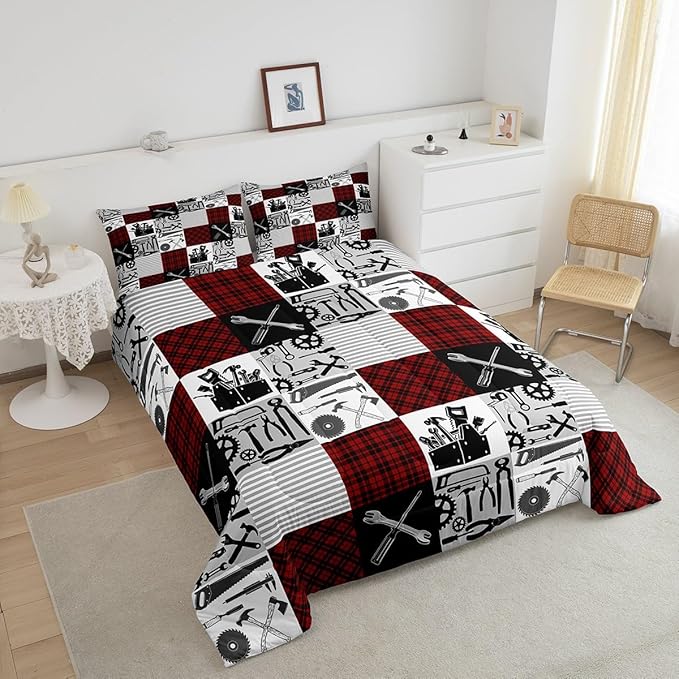 Kids Boys Car Bedding Set Full Size Farmhouse Gingham Check Comforter Wrench Repair Outfit Comforter Set Red Black Duvet Set 3Pcs Quilt Set 1 Comforter Set with 2 Pillowcase