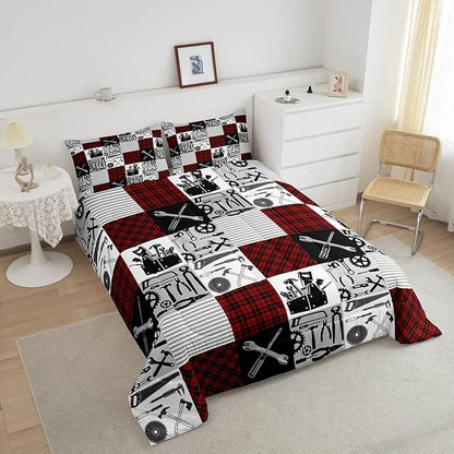 Kids Boys Car Bedding Set Twin Size Farmhouse Gingham Check Comforter Wrench Repair Outfit Comforter Set Red Black Duvet Set 2Pcs Quilt Set 1 Comforter Set with 1 Pillowcase