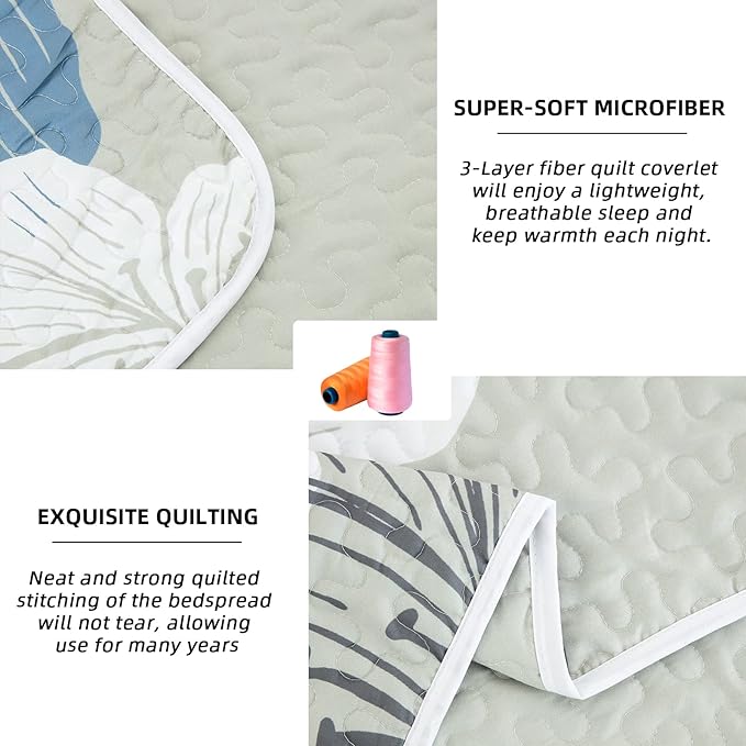 DJY 3 Pieces Quilt Set Queen Floral Pattern Coverlet Elegant Boho Bedspread with 2 Pillow Shams Lightweight Microfiber Bedding All Season (Blue, 90"x96")