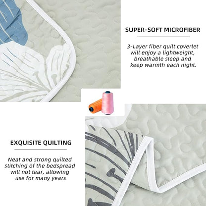 DJY 3 Pieces Quilt Set Queen Floral Pattern Coverlet Elegant Boho Bedspread with 2 Pillow Shams Lightweight Microfiber Bedding All Season (Blue, 90"x96")