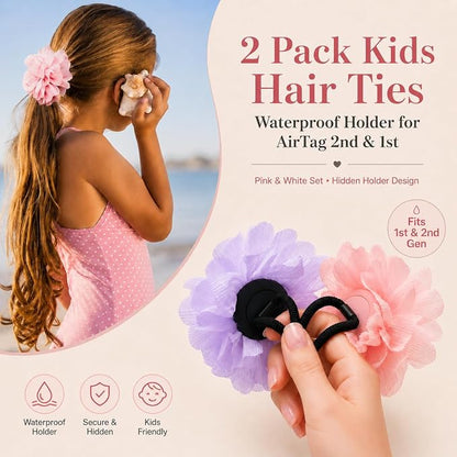 2 Pack Kids Hair Ties Holder for Airtag 2nd & 1st, Cute Flower Hidden Hair Elastic Band GPS Tracker Case for Girls (Pink Purple, Thick Hair)