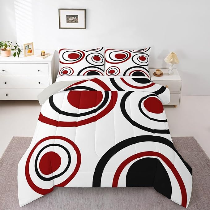 Erosebridal Red Black Circles Twin Bedding Sets for Adult Women Men Striped Abstract Comforter Set Modern Geometric Quilt Duvet Set Minimalism Lines Boho Simple Art Bedding Collections