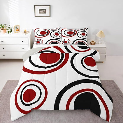 Erosebridal Red Black Circles Twin Bedding Sets for Adult Women Men Striped Abstract Comforter Set Modern Geometric Quilt Duvet Set Minimalism Lines Boho Simple Art Bedding Collections