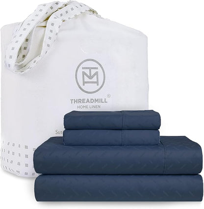 Threadmill Cotton Queen Sheet Set - 100% Cotton Damask Jacquard Sheets With 16" Deep Pocket - Soft Sateen Weave 4-Piece Cooling Bedding for Queen Size Bed - Folkstone Blue