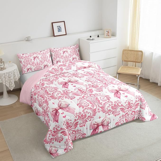 Feelyou Girls Pink Bowknot Comforter Set Queen Size Goth Damask Comforter Victorian-Themed Bedding Set Baroque Duvet Set Vintage Floral Quilt Set 3Pcs