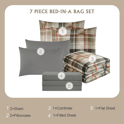 MaiRêve Comforter Set Full Size Khaki, Classic Farmhouse Bedding Set Bed in a Bag 7 Pieces, Lightweight All Season Comforter Set with Sheets, Pillowcases & Shams