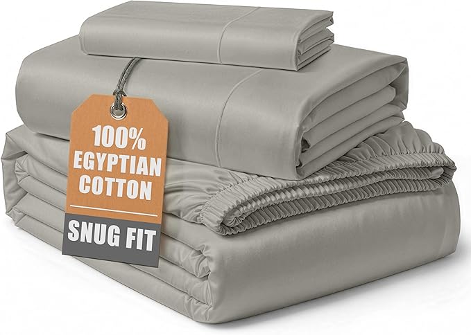 LANE LINEN 100% Egyptian Cotton Twin Sheets Set, Sustainably Produced Luxury Hotel Like Thick Twin Bed Sheets, Naturally Temperature Regulating Machine Washable Cotton Sheets - Silver