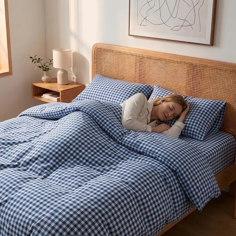 NEXHOME PRO Blue Gingham Duvet Cover King, 100% Washed Cotton Like Linen Feel Organic Natural Bedding Set 3 Piece Navy Vintage Plaid Checkered Comforter Cover Set (No Comforter) 10490