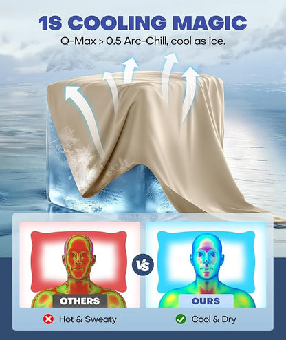 Ice Cooling Pillowcase for Hot Sleepers, Instantly Cool, Stays Cold All Night, Softer Than Silk Pillow Cases, Pillow Covers with Invisible Zipper, Gift for Men & Women - Queen Size, Beige (1 Pack)
