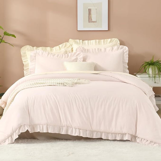 Litanika Light Pink Queen Comforter Set, 3 Pieces Ruffle Farmhouse Aesthetic Bedding Comforter Set, All Season Soft Lightweight Fluffy Microfiber Bed Set(90x90In Comforter, 2 Pillowcases)