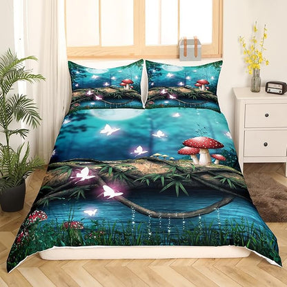 Red Mushroom Duvet Cover King Size,Moon Night Sky Jungle Bedding Set 3pcs for Teens Adults,Magical Butterfly Cartoon Plant Comforter Cover Soft Quilt Cover Bedroom Decor Bedspread,No Comforter