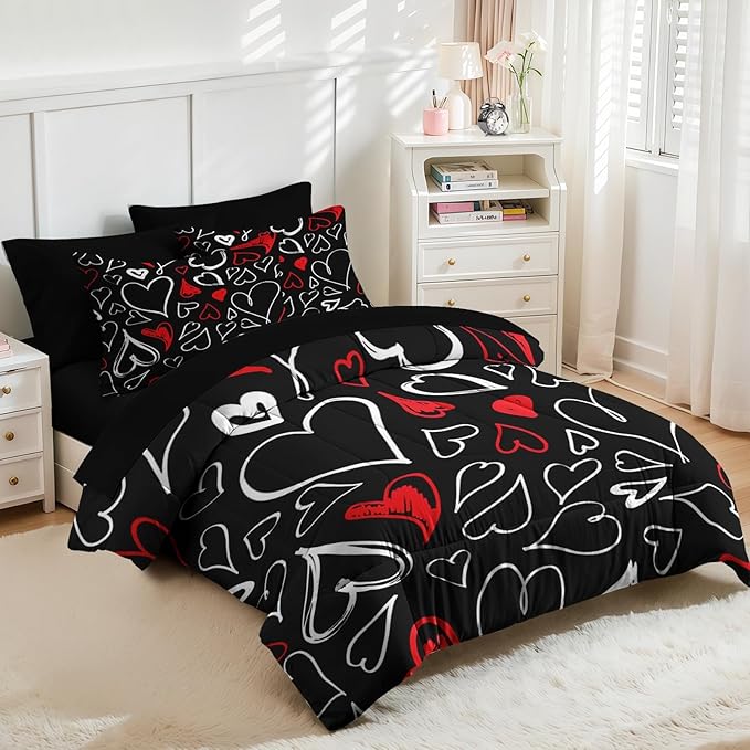 Nesker Comforter Set King Size, Heart Love Red Black 7 Pcs Bedding for Kids and Adults, My Happy Valentine Bed Sheet Sets with Fitted Sheet 2 Pillowcases & 2 Shams