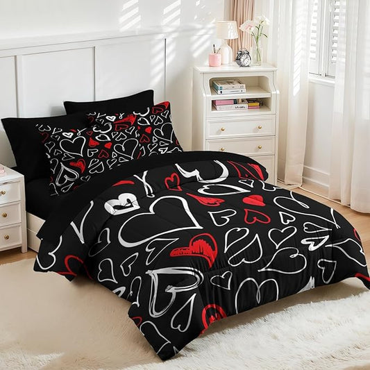 Nesker Comforter Set Queen Size, Heart Love Red Black 7 Pcs Bedding for Kids and Adults, My Happy Valentine Bed Sheet Sets with Fitted Sheet 2 Pillowcases & 2 Shams