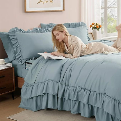 Full Comforter Set Dusty Blue, Ruffle Shabby Chic Bedding Set Farmhouse 7 Pieces, All Season Fluffy Bed in a Bag with Sheets, Pillowcases & Shams