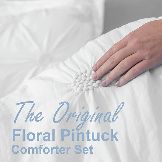 Swift Home Full/Queen White Comforter Set - Ruched 3D Floral Pintuck Bedding Set - 3 Pieces Bed Linen, 1 Comforter and 2 Pillow Shams