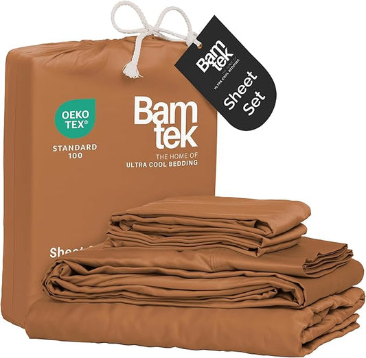 Viscose Bamboo Twin XL Sheets 3PC Set - Extra Long - Cooling Bedding for Hot Sleepers with Moisture Wicking Technology - Silky Soft 16 Inch Deep Pocket, Almond - 38" x 80"