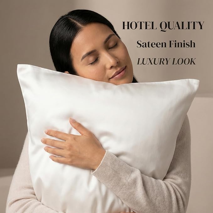 Beckham Hotel Collection Pillowcases King Size Set of 2, Cool Touch Cotton Sateen Fabric, 500TC, Silky Smooth & Soft, Open End, White
