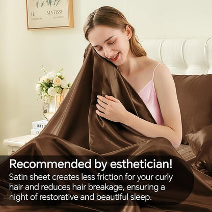 BEDELITE Satin Sheets Twin XL Size Bed Set, Luxury Soft Brown Silky Sheets for Hair and Skin, Similar to Silk Bed Sheets Set 3 Pieces with 1 Deep Pocket Fitted Sheet, 1 Flat Sheet, and 1 Pillowcase