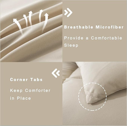 DOWNCOOL King Size Comforter Set -All Season Bedding Comforters Sets with 2 Pillow Cases -3 Pieces Bed Set Down Alternative King Bedding Set -Beige King Comforter Set(102"x90")