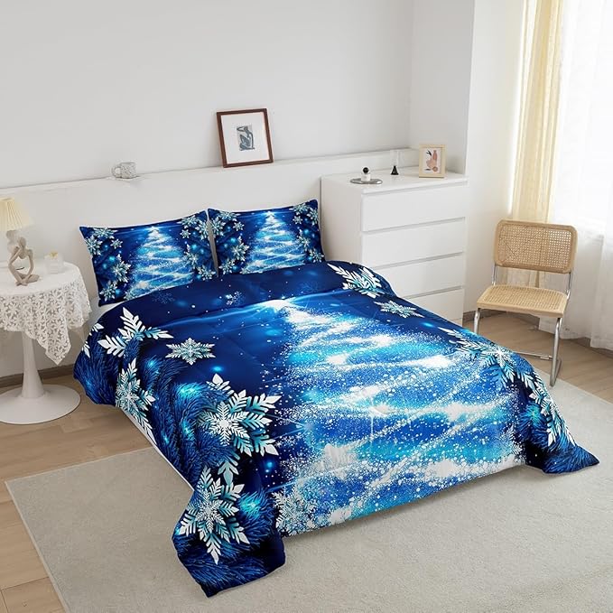 Feelyou Blue Christmas Comforter Set Queen Size Christmas Tree Bedding Set Glitter Snowflake Comforter Microfiber Kids Adults Holiday Winter Duvet Quilt Xmas Room Decor