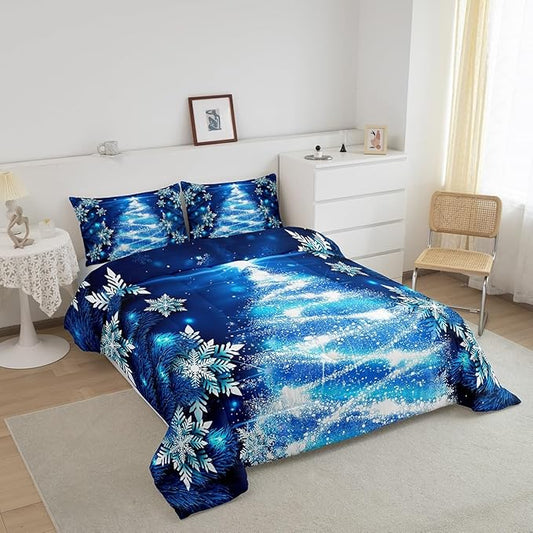 Feelyou Blue Christmas Comforter Set Queen Size Christmas Tree Bedding Set Glitter Snowflake Comforter Microfiber Kids Adults Holiday Winter Duvet Quilt Xmas Room Decor