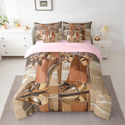 Erosebridal High-Heels Girlish Girls 7 Piece Bedding Set Queen Size Romantic Fashion Comforter Sets Fashionable Gorgeous Sheet Set for Kids Children Women Bedroom Modern Minimalist Gold Bed in A Bag