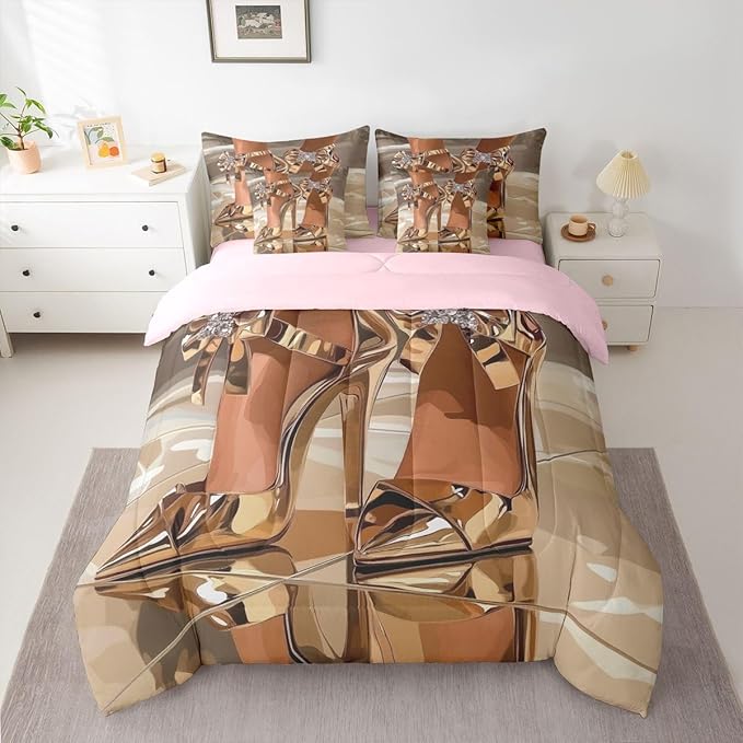 Erosebridal High-Heels Girlish Girls 7 Piece Bedding Set Twin Size Romantic Fashion Comforter Sets Fashionable Gorgeous Sheet Set for Kids Children Women Bedroom Modern Minimalist Gold Bed in A Bag