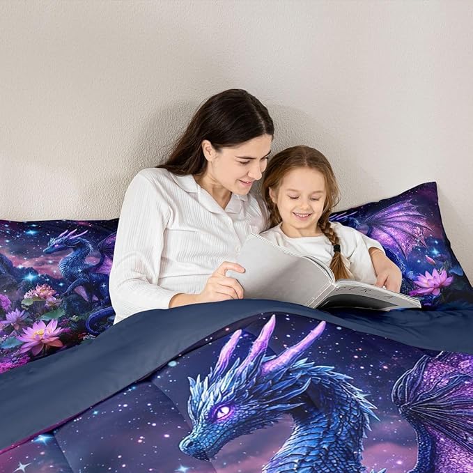 Feelyou Dragon Comforter Set Twin Size Dragon Stuff Bedding Set for Kids Boys Girls Wild Life Duvet Quilt Magic Wildlife Bedroom Decor Dull Purple Microfiber 2 Pcs with 1 Pillow Cases