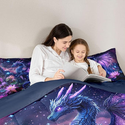 Feelyou Dragon Comforter Set Queen Size Dragon Stuff Bedding Set for Kids Boys Girls Wild Life Duvet Quilt Magic Wildlife Bedroom Decor Dull Purple Microfiber 3 Pcs with 2 Pillow Cases