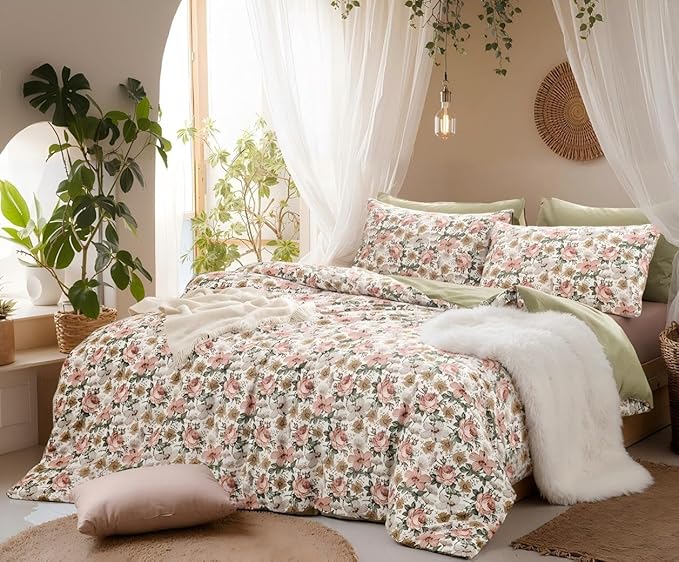 SLEEPBELLA Duvet Cover Set, 600 Thread Count Cotton Pink & Yellow & Beige Floral Pattern Printed on White，Mustard Green Reversible Comforter Cover (Twin, Green Floral)