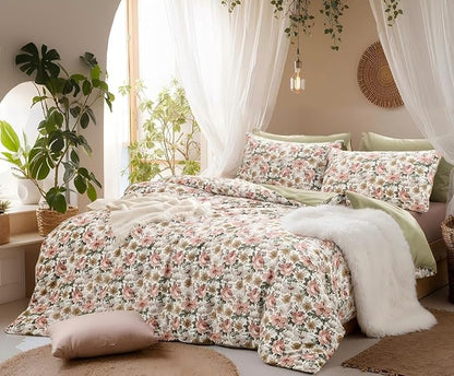 SLEEPBELLA Duvet Cover Set, 600 Thread Count Cotton Pink & Yellow & Beige Floral Pattern Printed on White，Mustard Green Reversible Comforter Cover (Twin, Green Floral)